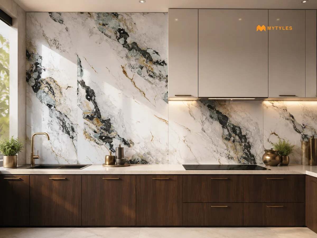 Emerald Green Ochre Veined Marble Tile in Kitchen